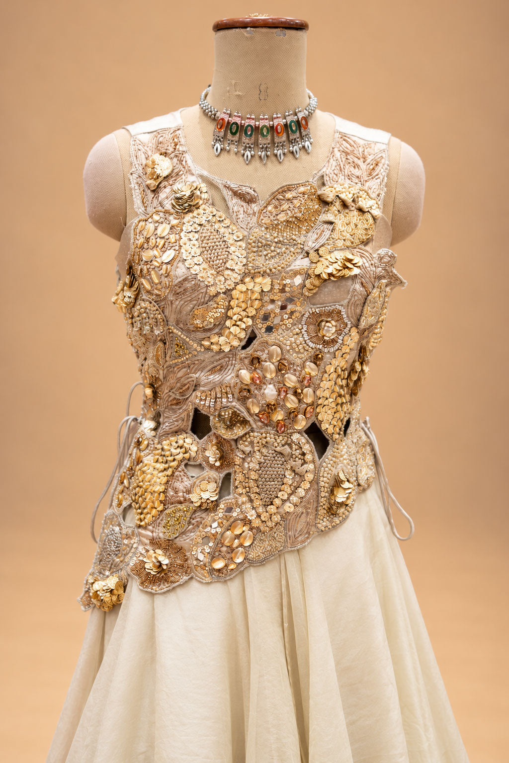 Elegant Ivory Cream Designer Gown with 3D Floral Embroidery & Layered Flare