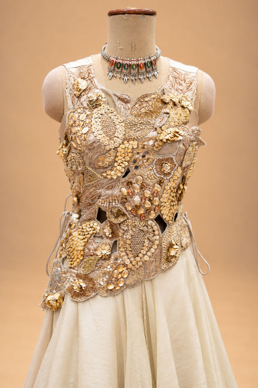 Elegant Ivory Cream Designer Gown with 3D Floral Embroidery & Layered Flare