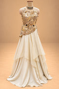 Elegant Ivory Cream Designer Gown with 3D Floral Embroidery & Layered Flare