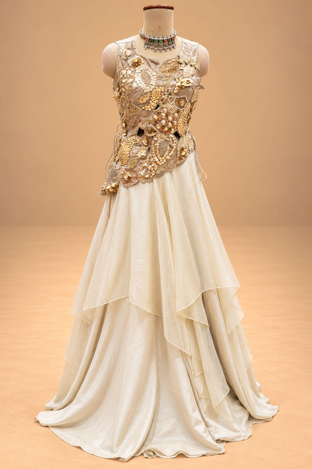 Elegant Ivory Cream Designer Gown with 3D Floral Embroidery & Layered Flare
