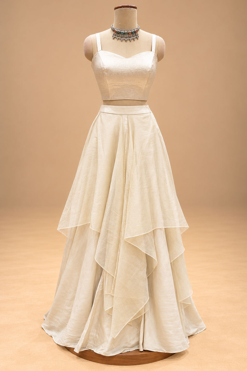 Elegant Ivory Cream Designer Gown with 3D Floral Embroidery & Layered Flare