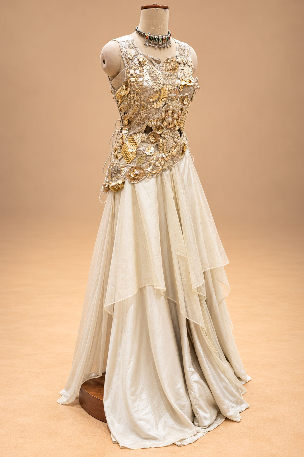 Elegant Ivory Cream Designer Gown with 3D Floral Embroidery & Layered Flare
