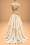 Elegant Ivory Cream Designer Gown with 3D Floral Embroidery & Layered Flare