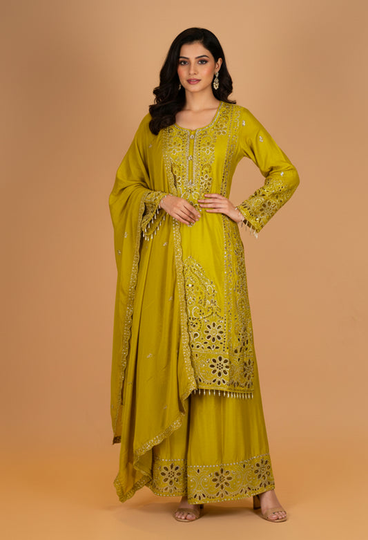 Mustard Yellow Embroidered Kurta Palazzo Set with Dupatta