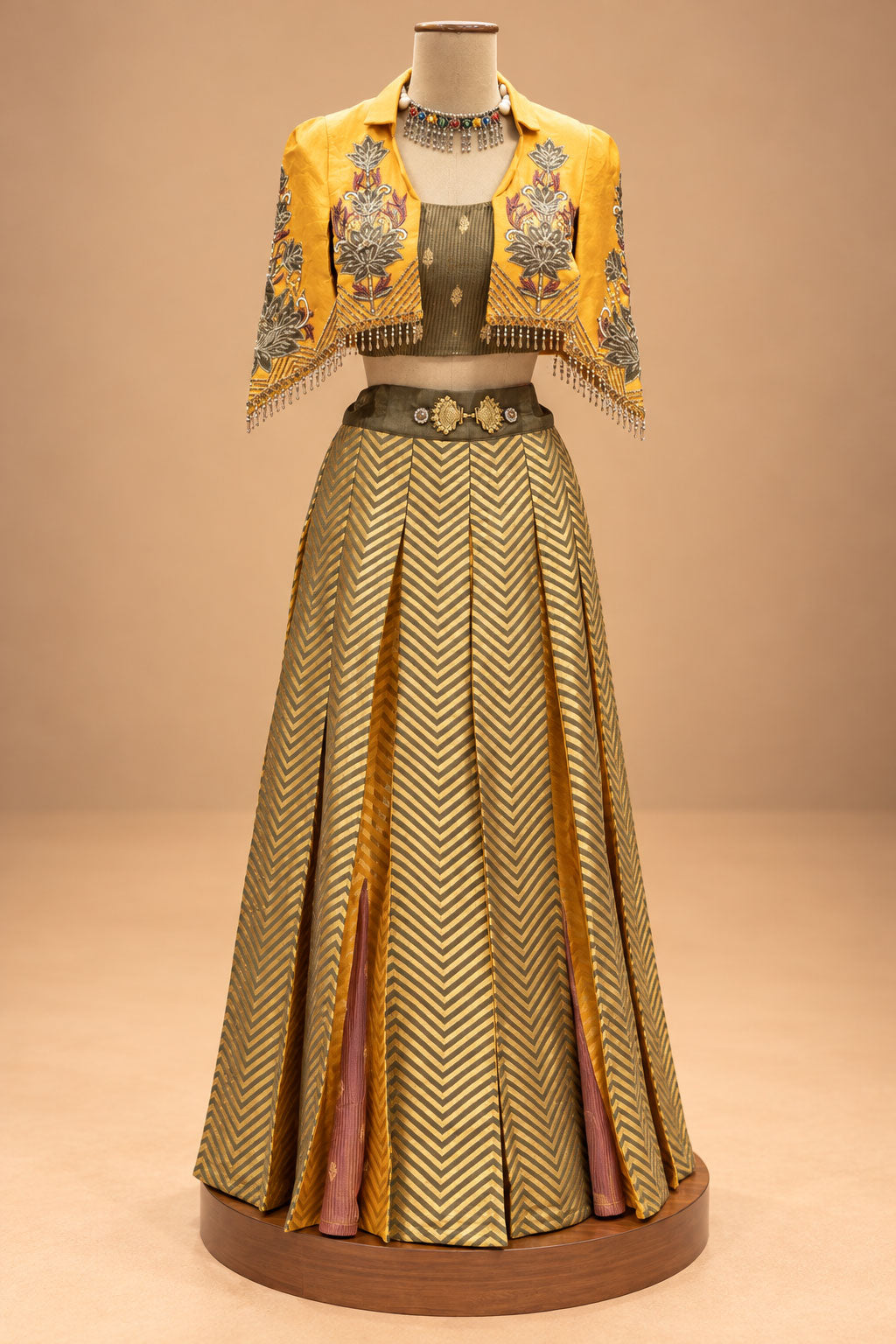 Elegant Mustard Yellow & Olive Green Designer Lehenga Set with Embroidered Jacket