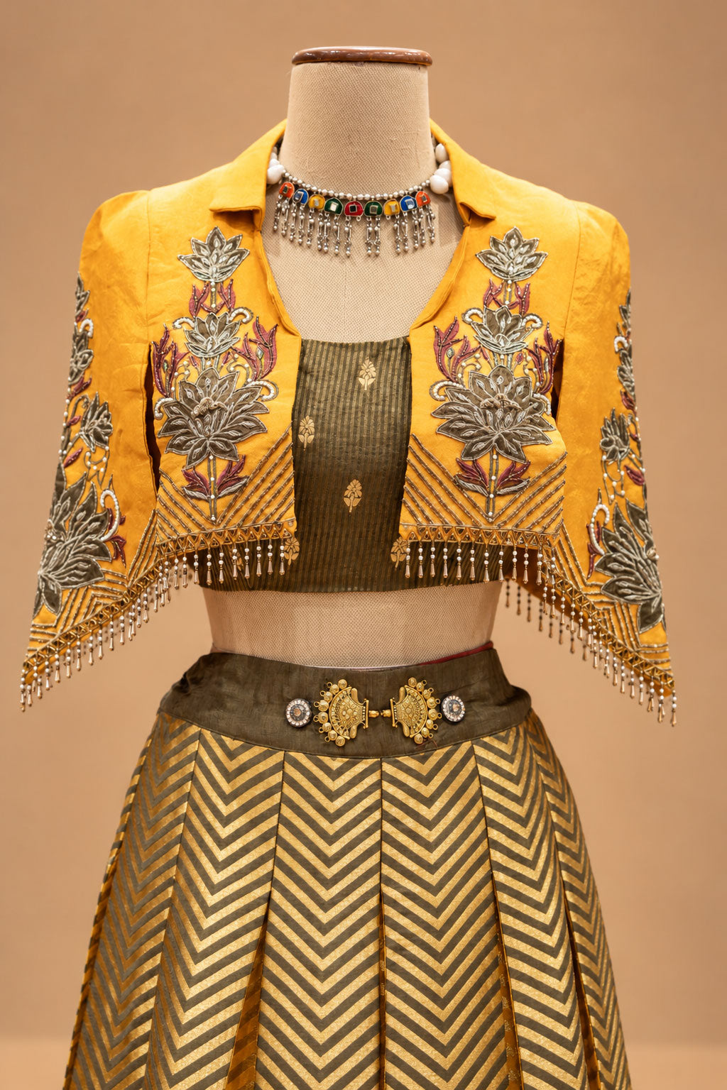 Elegant Mustard Yellow & Olive Green Designer Lehenga Set with Embroidered Jacket
