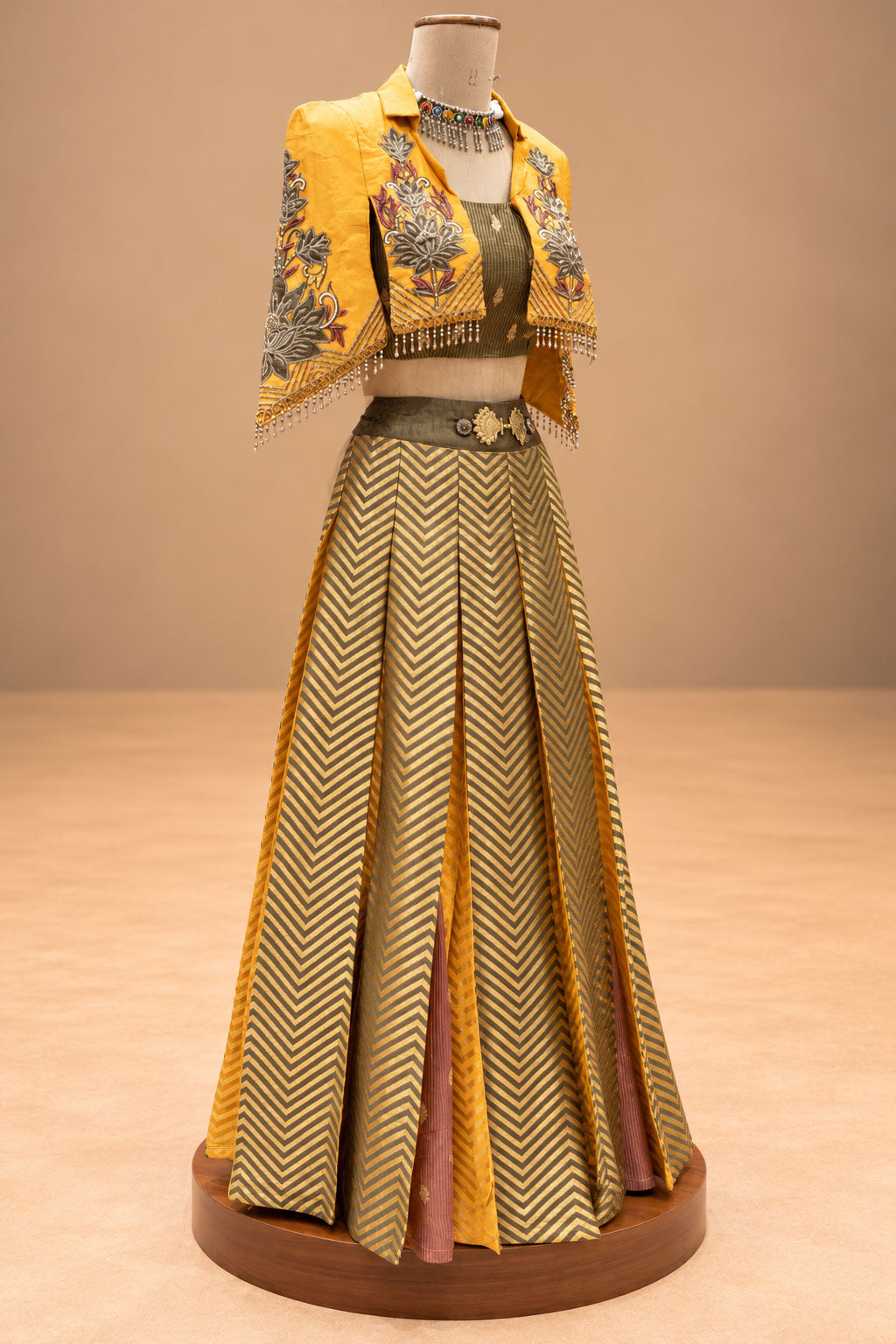 Elegant Mustard Yellow & Olive Green Designer Lehenga Set with Embroidered Jacket