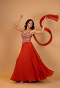 Elegant Red Embroidered Georgette Gown with Flowing Dupatta