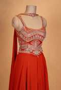 Elegant Red Embroidered Georgette Gown with Flowing Dupatta