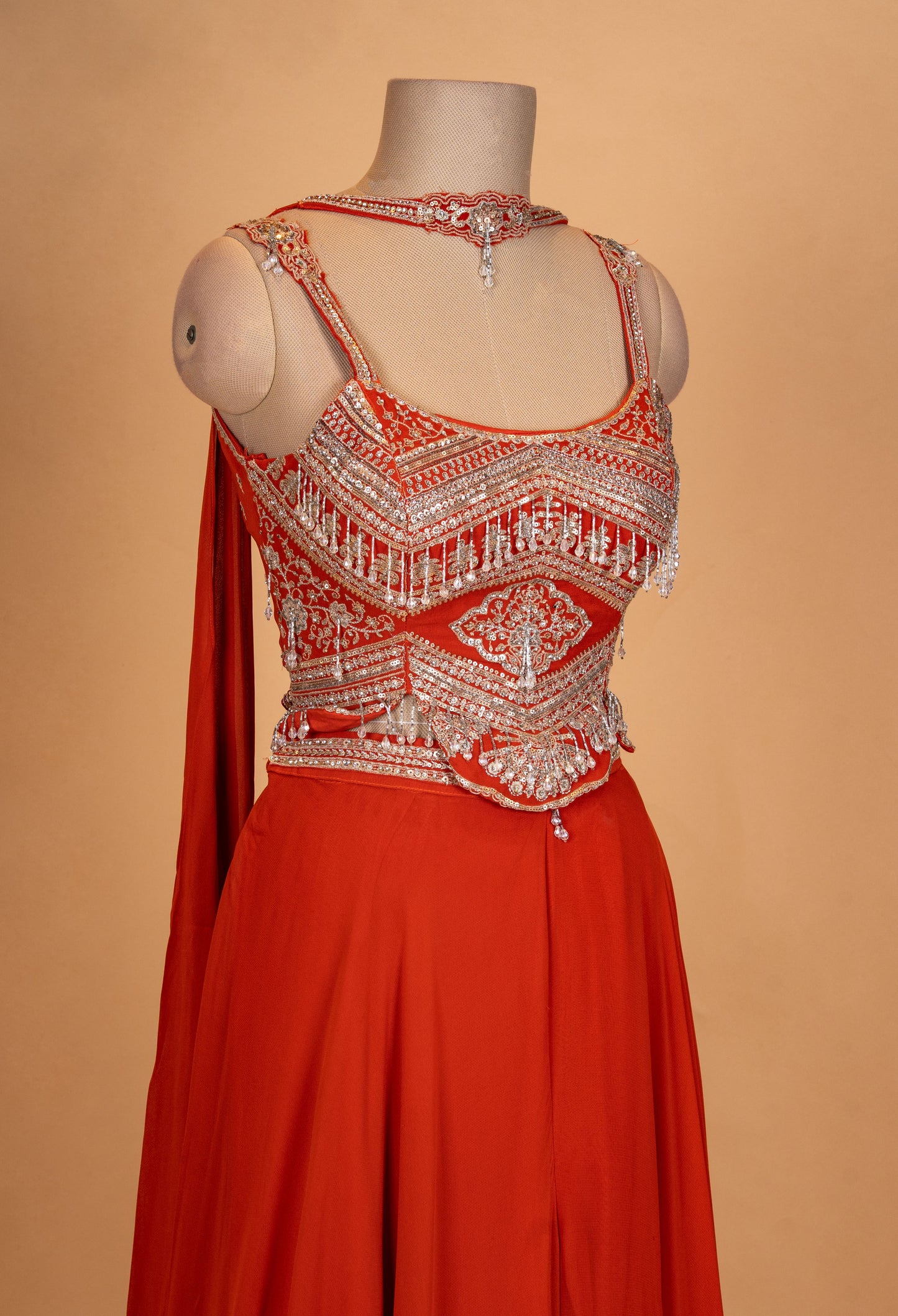 Elegant Red Embroidered Georgette Gown with Flowing Dupatta