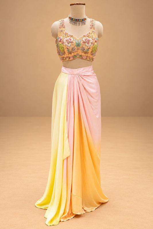Elegant Pastel Peach & Yellow Designer Lehenga Set with Floral Embroidery and Cape Dupatta