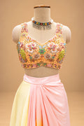 Elegant Pastel Peach & Yellow Designer Lehenga Set with Floral Embroidery and Cape Dupatta