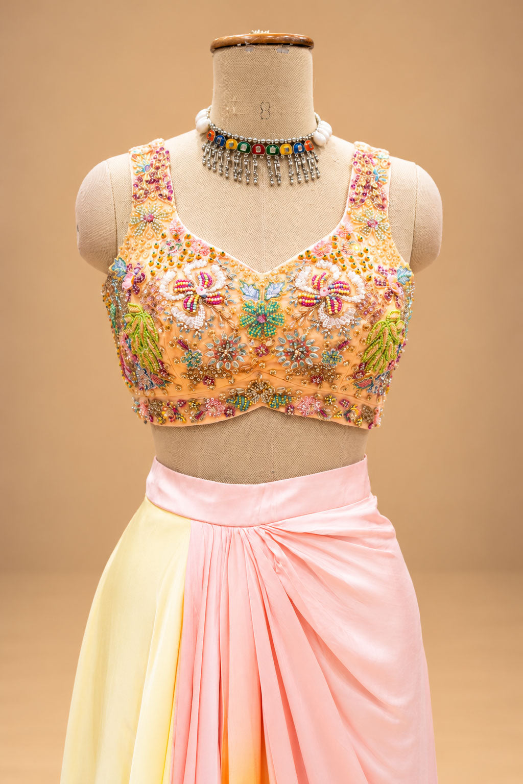 Elegant Pastel Peach & Yellow Designer Lehenga Set with Floral Embroidery and Cape Dupatta
