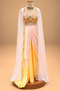 Elegant Pastel Peach & Yellow Designer Lehenga Set with Floral Embroidery and Cape Dupatta