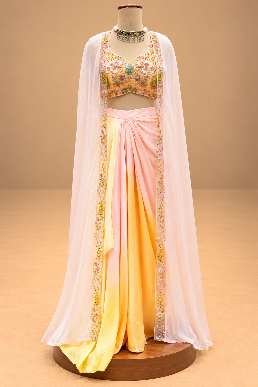 Elegant Pastel Peach & Yellow Designer Lehenga Set with Floral Embroidery and Cape Dupatta