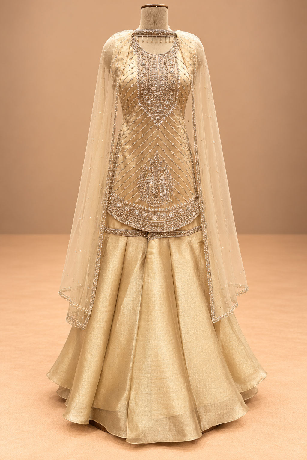Elegant Champagne Gold Embroidered Sharara Set with Matching Dupatta
