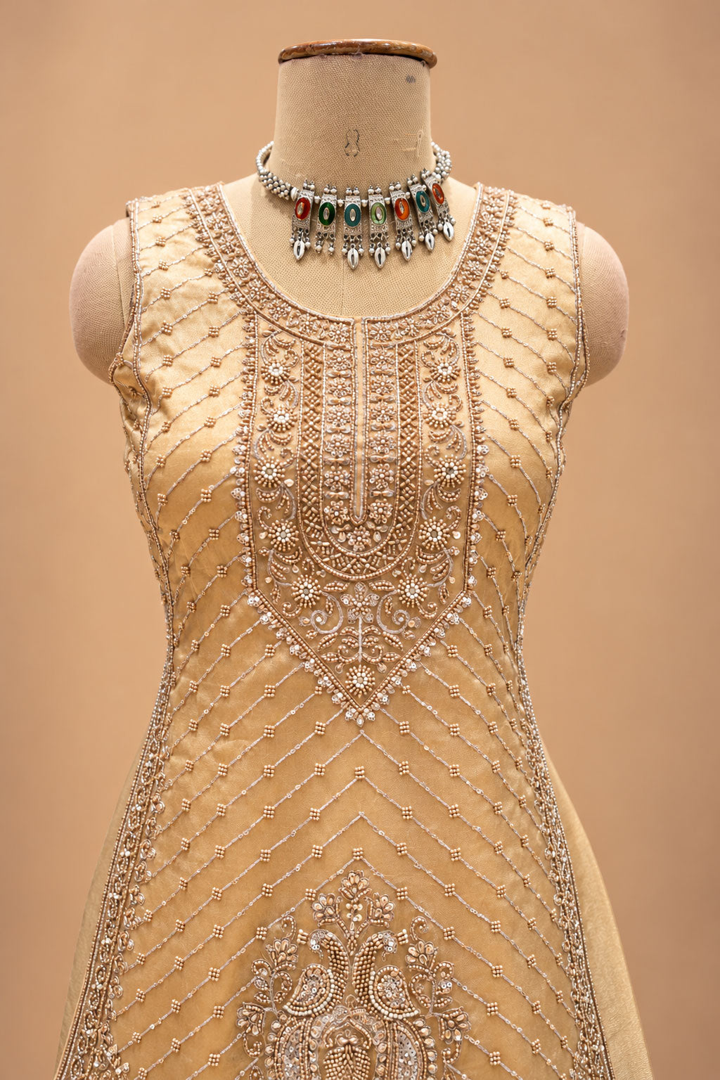 Elegant Champagne Gold Embroidered Sharara Set with Matching Dupatta