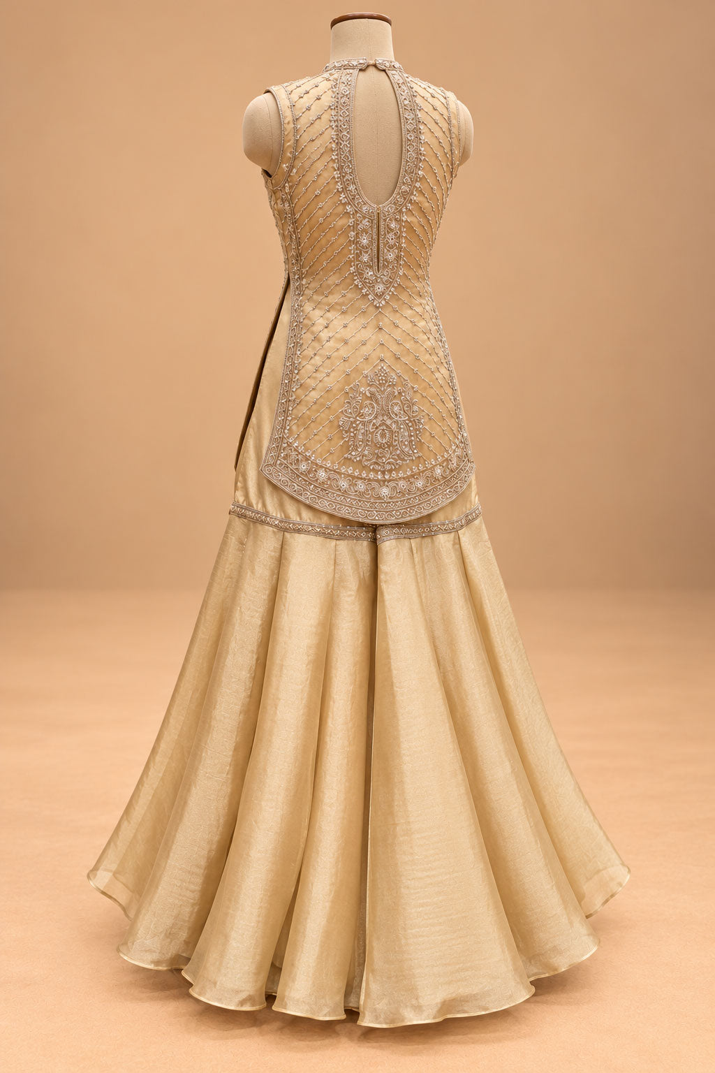 Elegant Champagne Gold Embroidered Sharara Set with Matching Dupatta