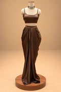 Elegant Chocolate Brown Designer Draped Gown with 3D Floral Embellishments