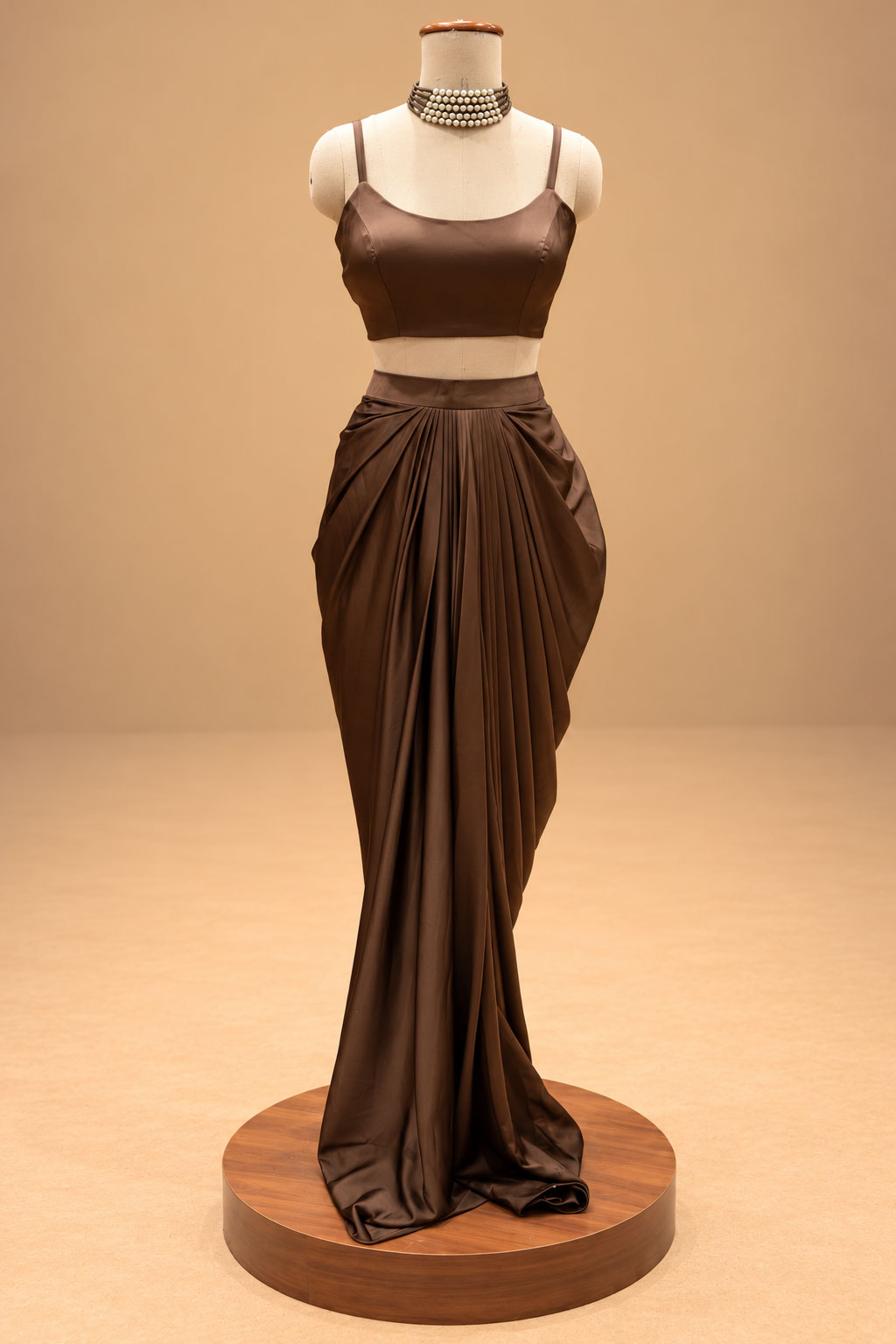 Elegant Chocolate Brown Designer Draped Gown with 3D Floral Embellishments