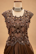 Elegant Chocolate Brown Designer Draped Gown with 3D Floral Embellishments