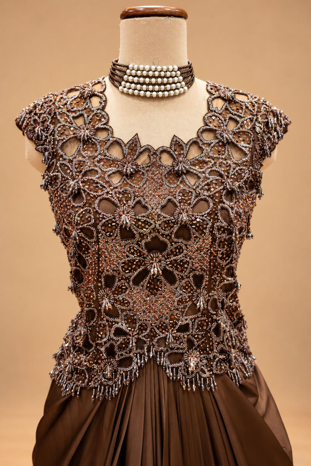 Elegant Chocolate Brown Designer Draped Gown with 3D Floral Embellishments