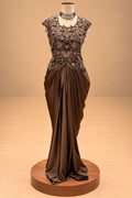 Elegant Chocolate Brown Designer Draped Gown with 3D Floral Embellishments