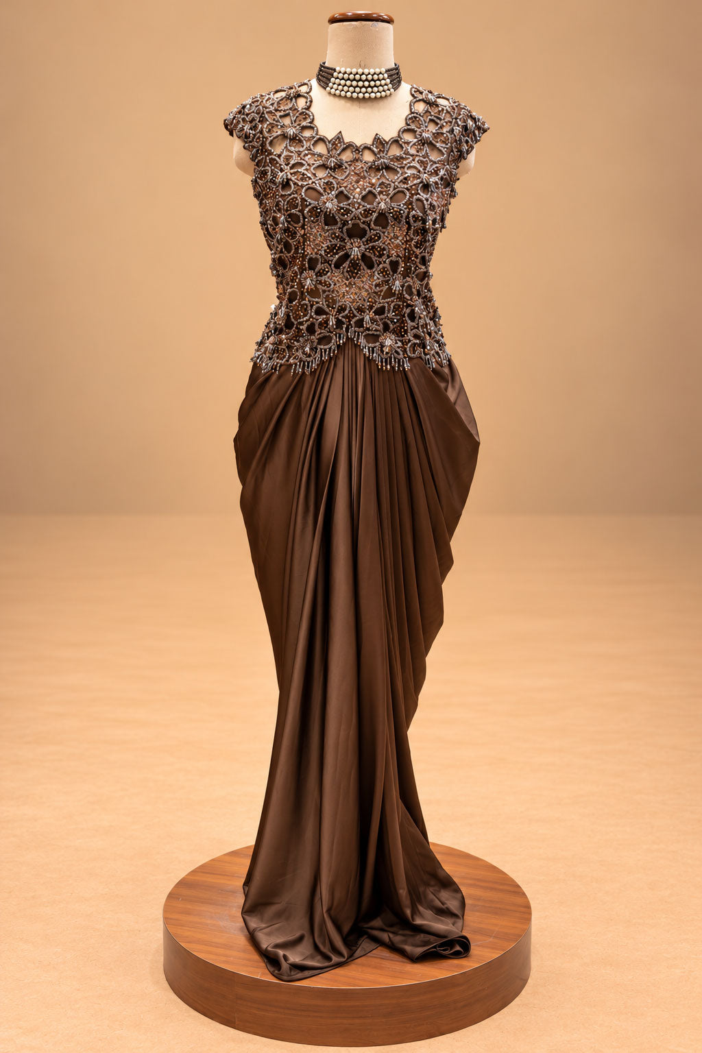 Elegant Chocolate Brown Designer Draped Gown with 3D Floral Embellishments