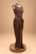 Elegant Chocolate Brown Designer Draped Gown with 3D Floral Embellishments