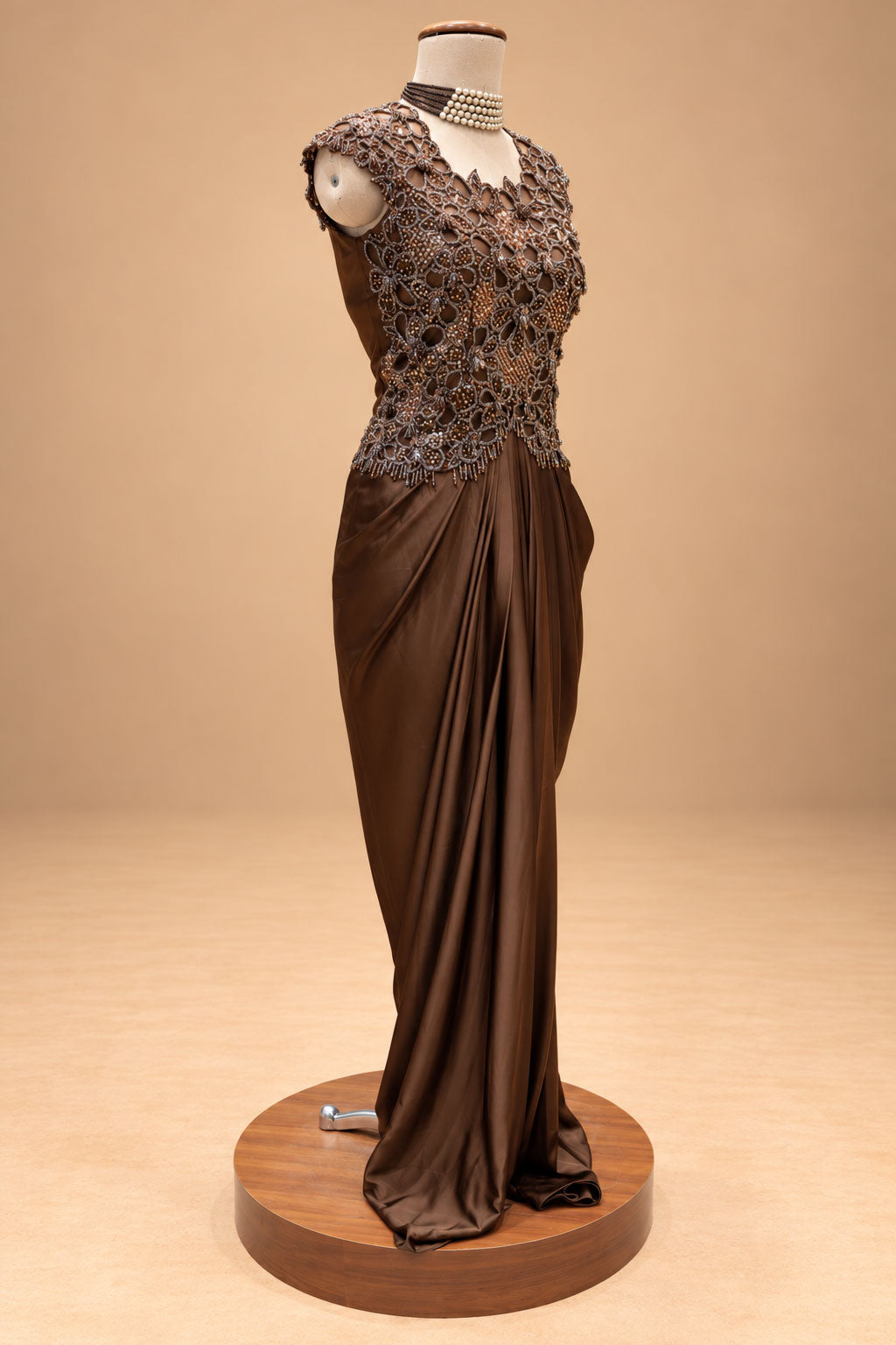 Elegant Chocolate Brown Designer Draped Gown with 3D Floral Embellishments