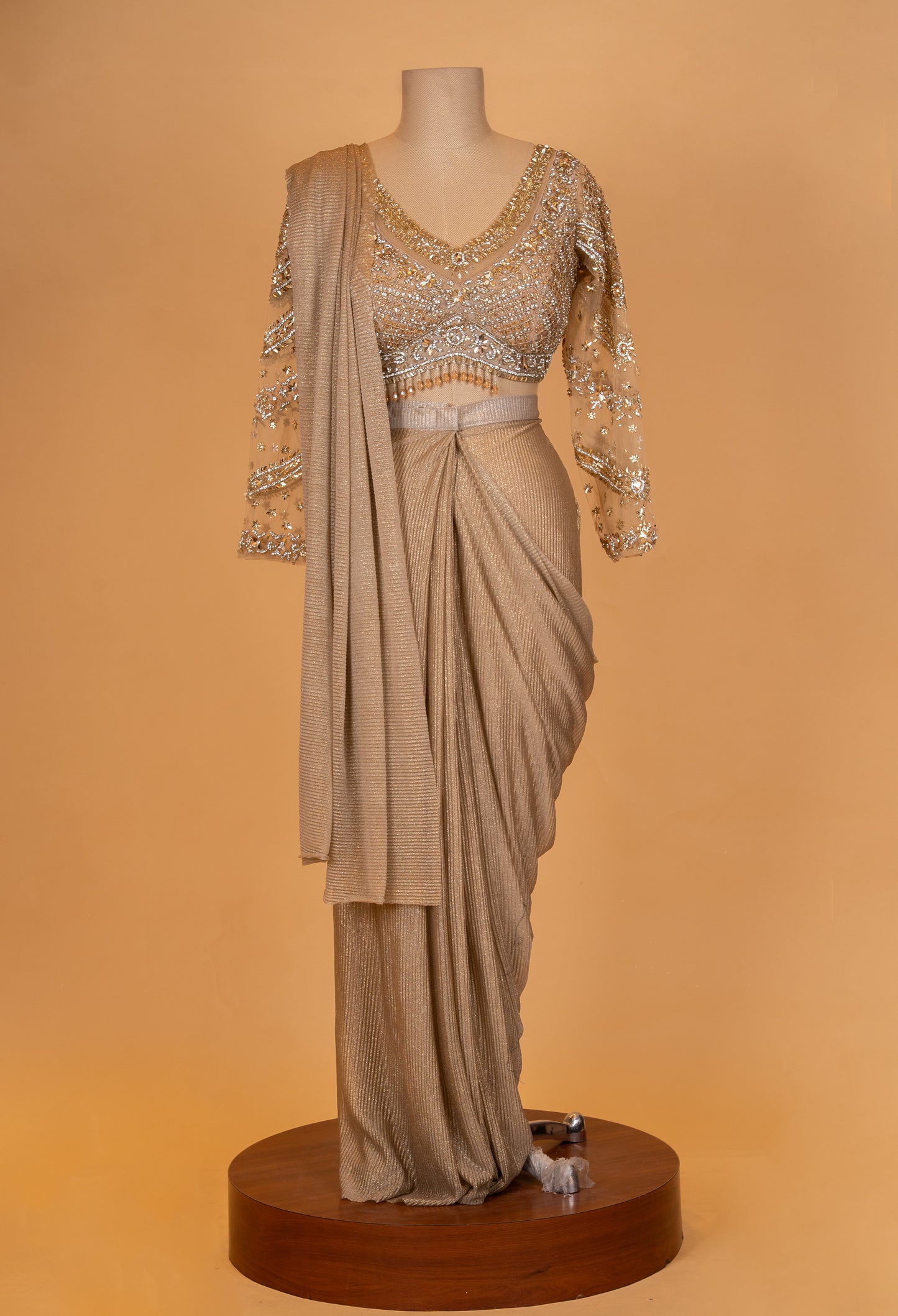 Golden Beige Shimmer Saree with Embellished Full-Sleeve Blouse
