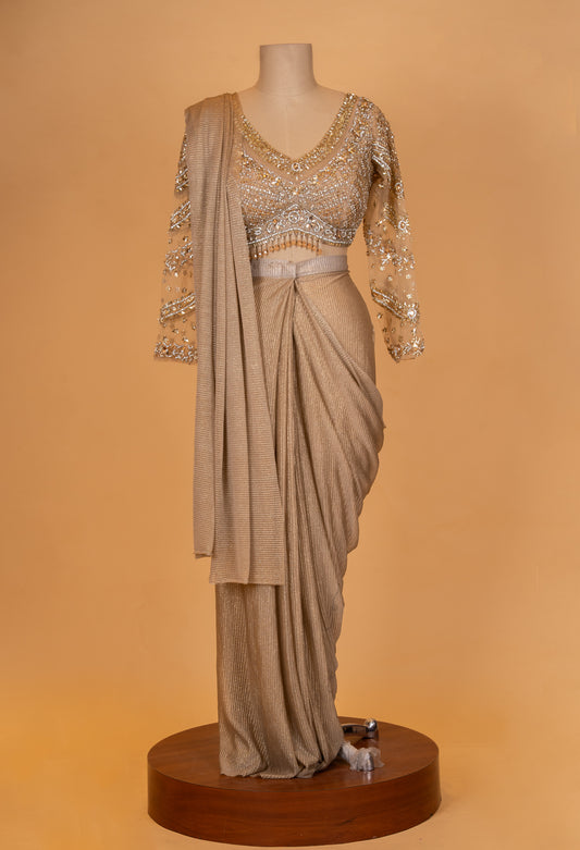 Golden Beige Shimmer Saree with Embellished Full-Sleeve Blouse