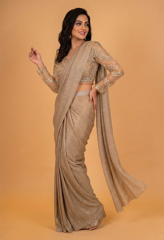 Golden Beige Shimmer Saree with Embellished Full-Sleeve Blouse