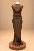 Elegant Chocolate Brown Designer Draped Gown with 3D Floral Embellishments