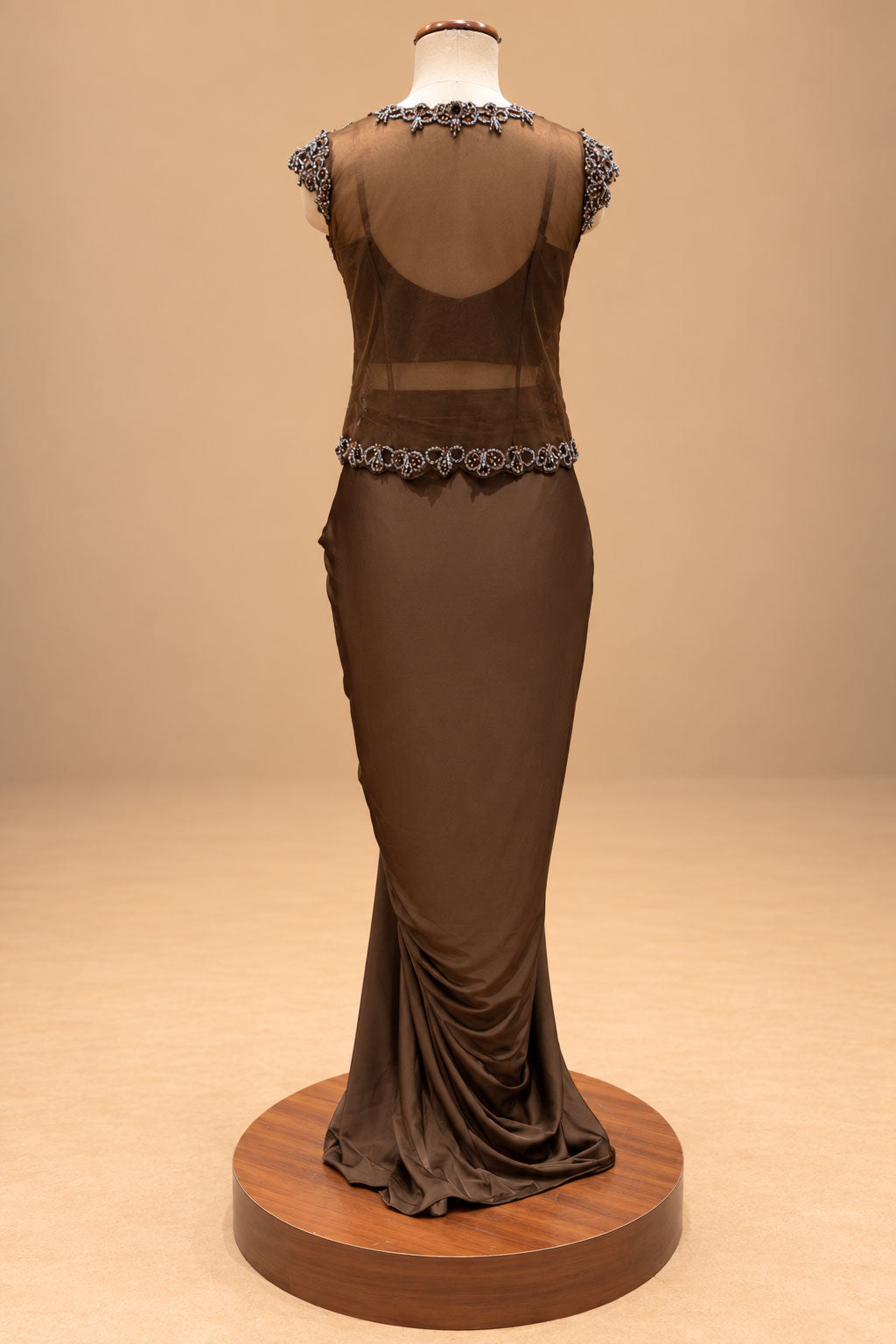Elegant Chocolate Brown Designer Draped Gown with 3D Floral Embellishments