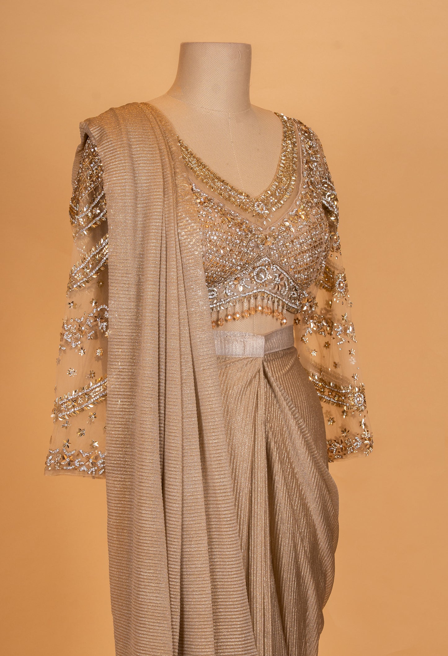 Golden Beige Shimmer Saree with Embellished Full-Sleeve Blouse