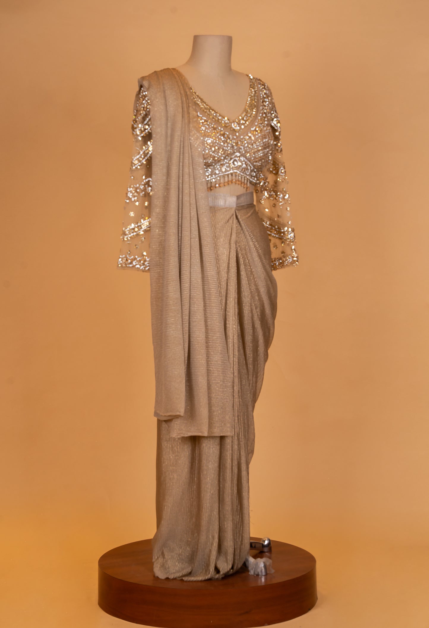 Golden Beige Shimmer Saree with Embellished Full-Sleeve Blouse