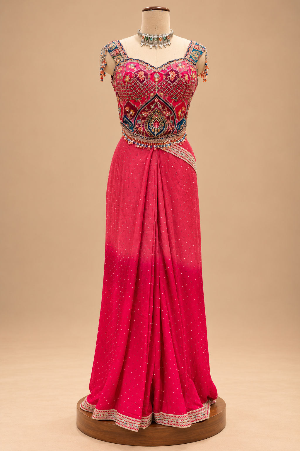 Elegant Rani Pink Designer Drape Saree with Multicolour Embroidered Blouse