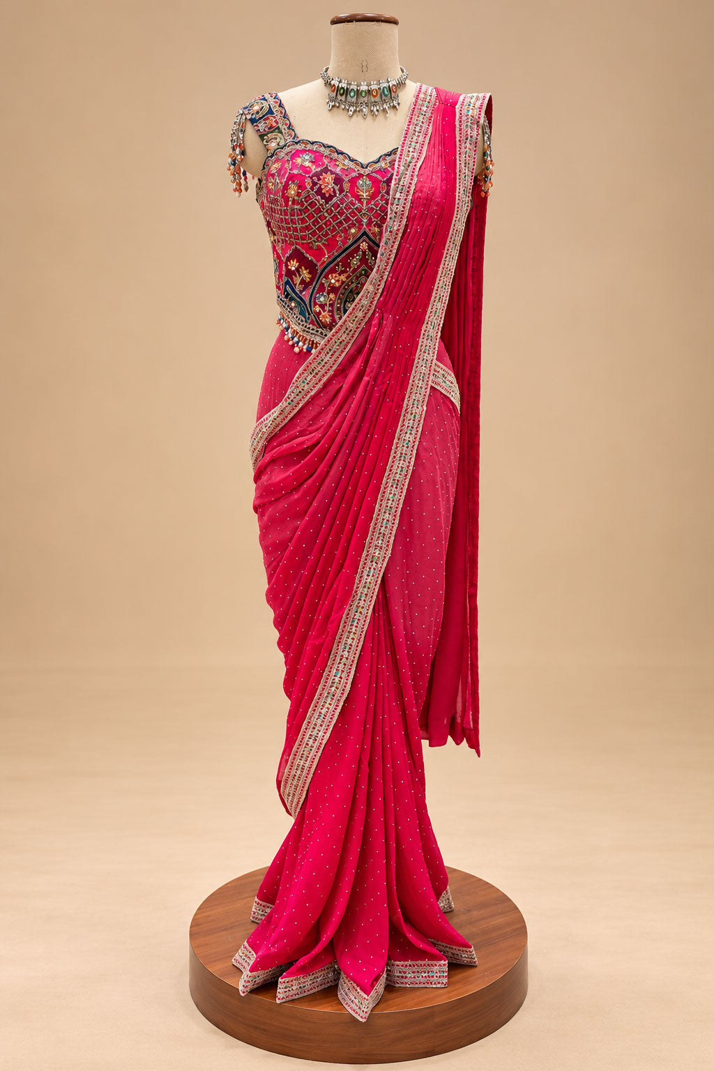 Elegant Rani Pink Designer Drape Saree with Multicolour Embroidered Blouse