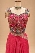 Elegant Rani Pink Designer Drape Saree with Multicolour Embroidered Blouse