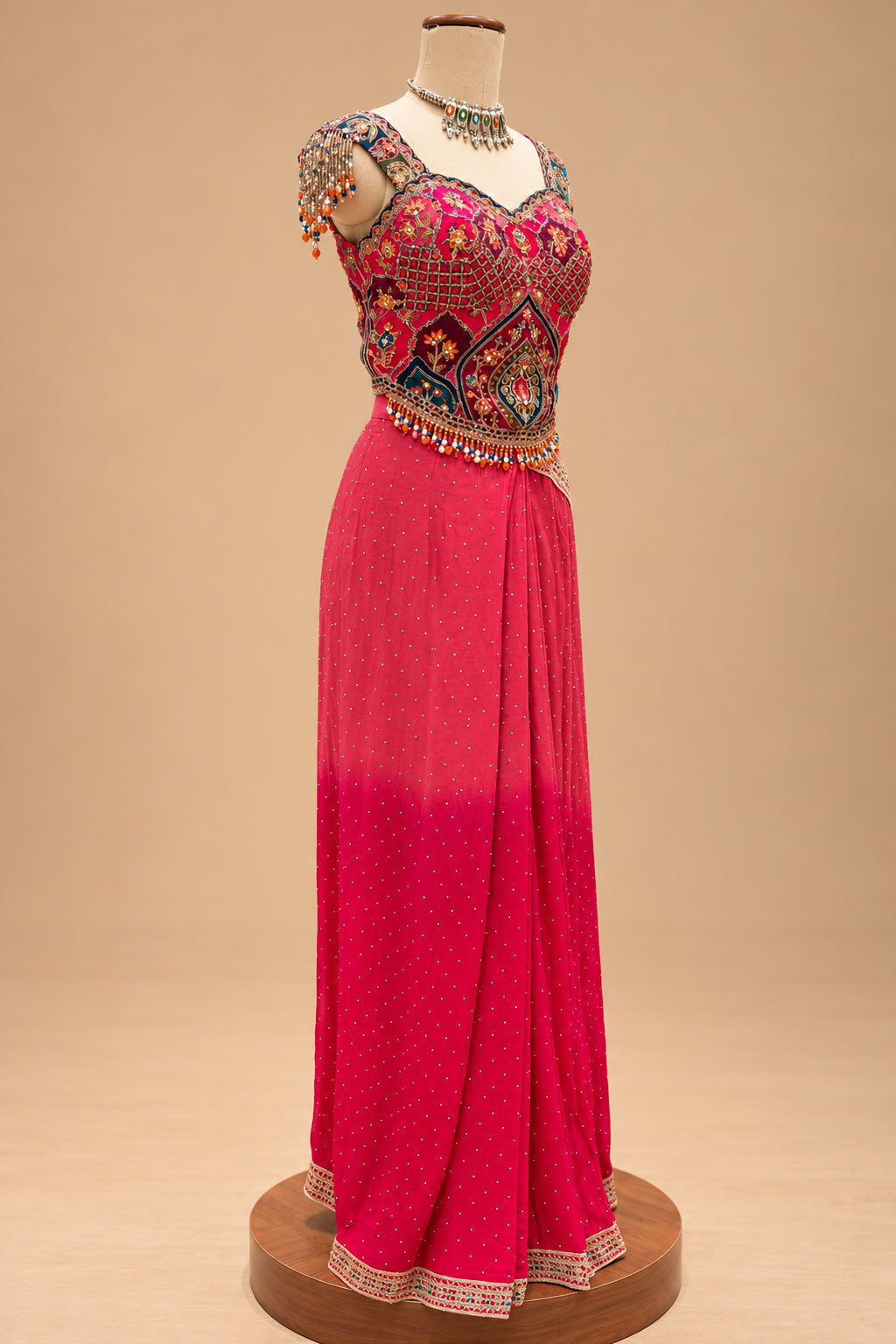 Elegant Rani Pink Designer Drape Saree with Multicolour Embroidered Blouse