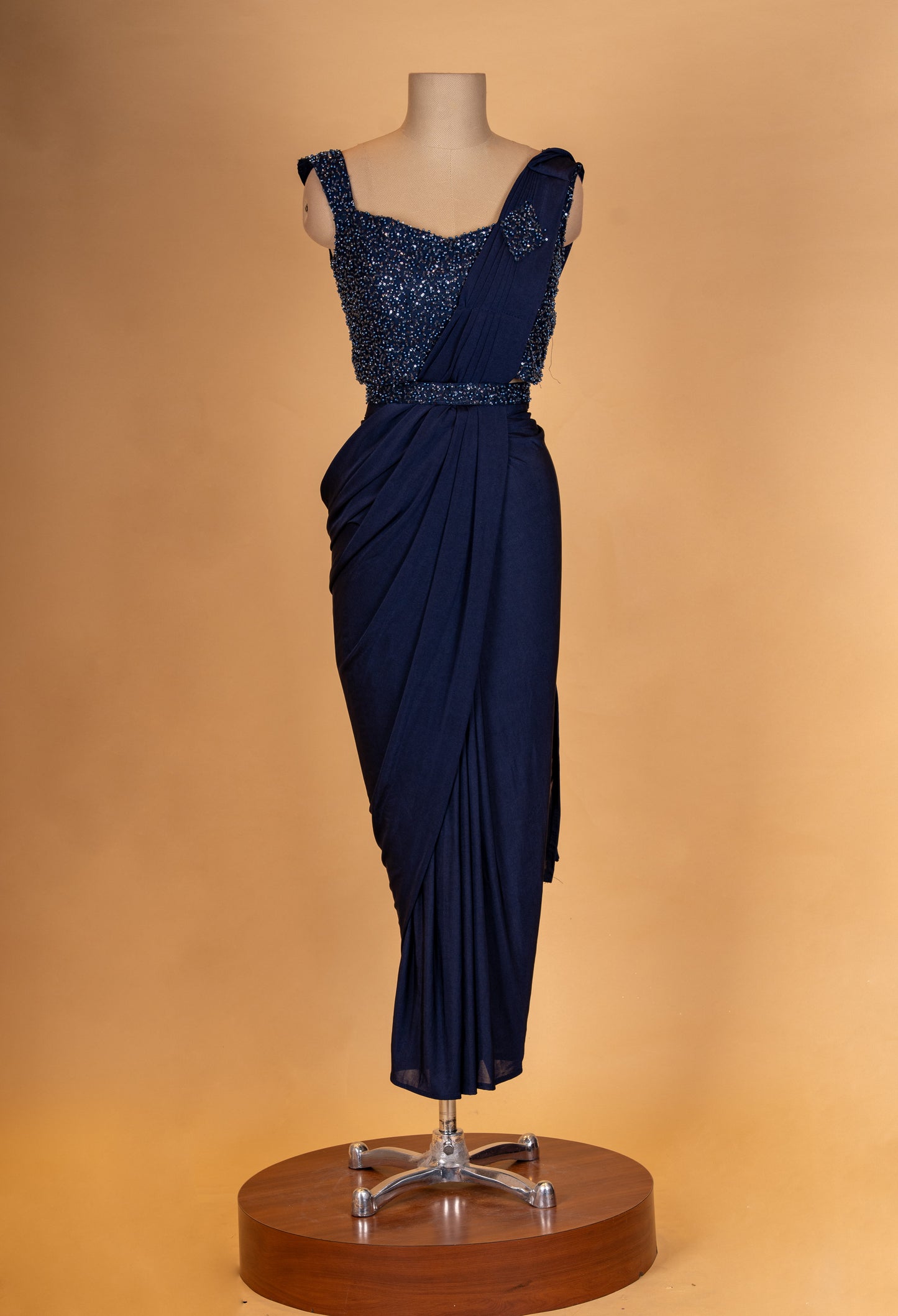 Navy Blue Designer Draped Saree with Embellished Sleeveless Blouse