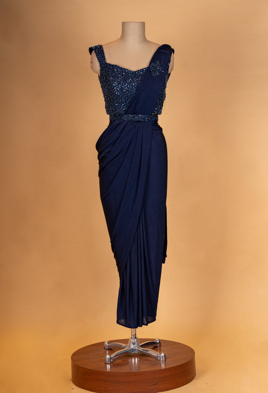 Navy Blue Designer Draped Saree with Embellished Sleeveless Blouse