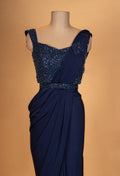 Navy Blue Designer Draped Saree with Embellished Sleeveless Blouse