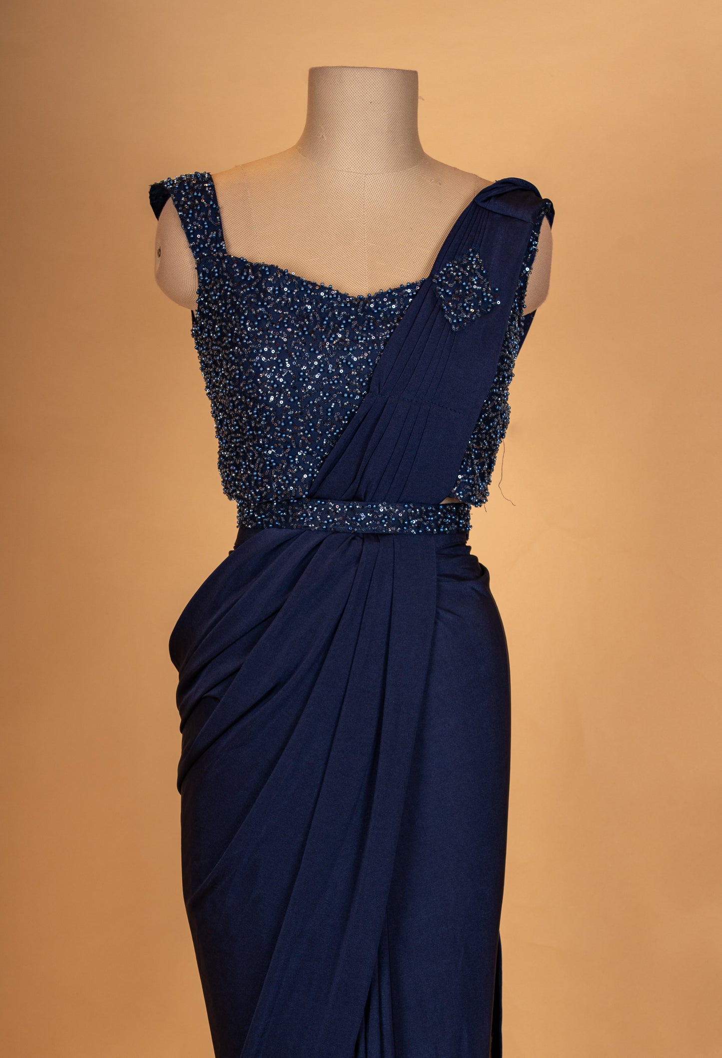 Navy Blue Designer Draped Saree with Embellished Sleeveless Blouse