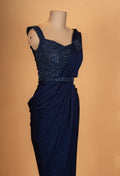 Navy Blue Designer Draped Saree with Embellished Sleeveless Blouse