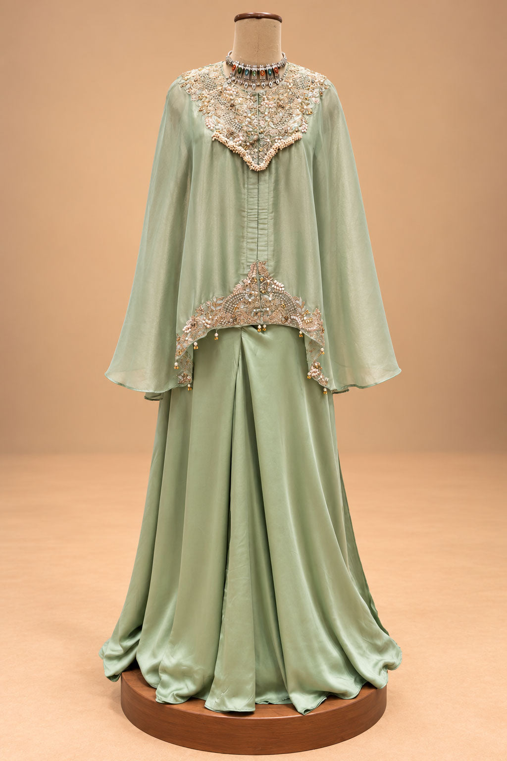 Elegant Pista Green Designer Palazzo Set with Embroidered Cape-Style Top
