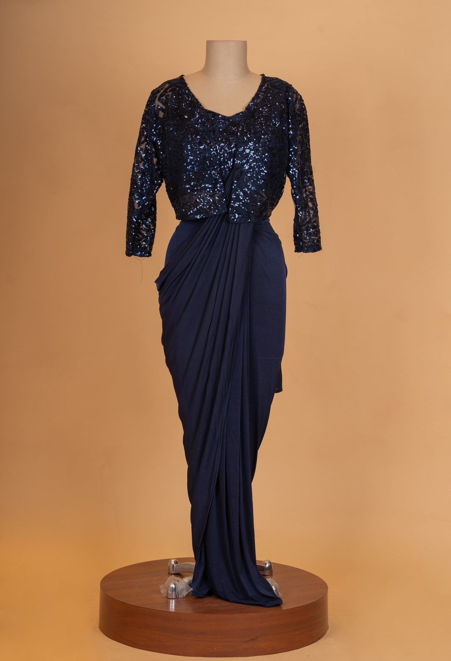 Navy Blue Sequin Blouse Saree with Draped Pleated Style