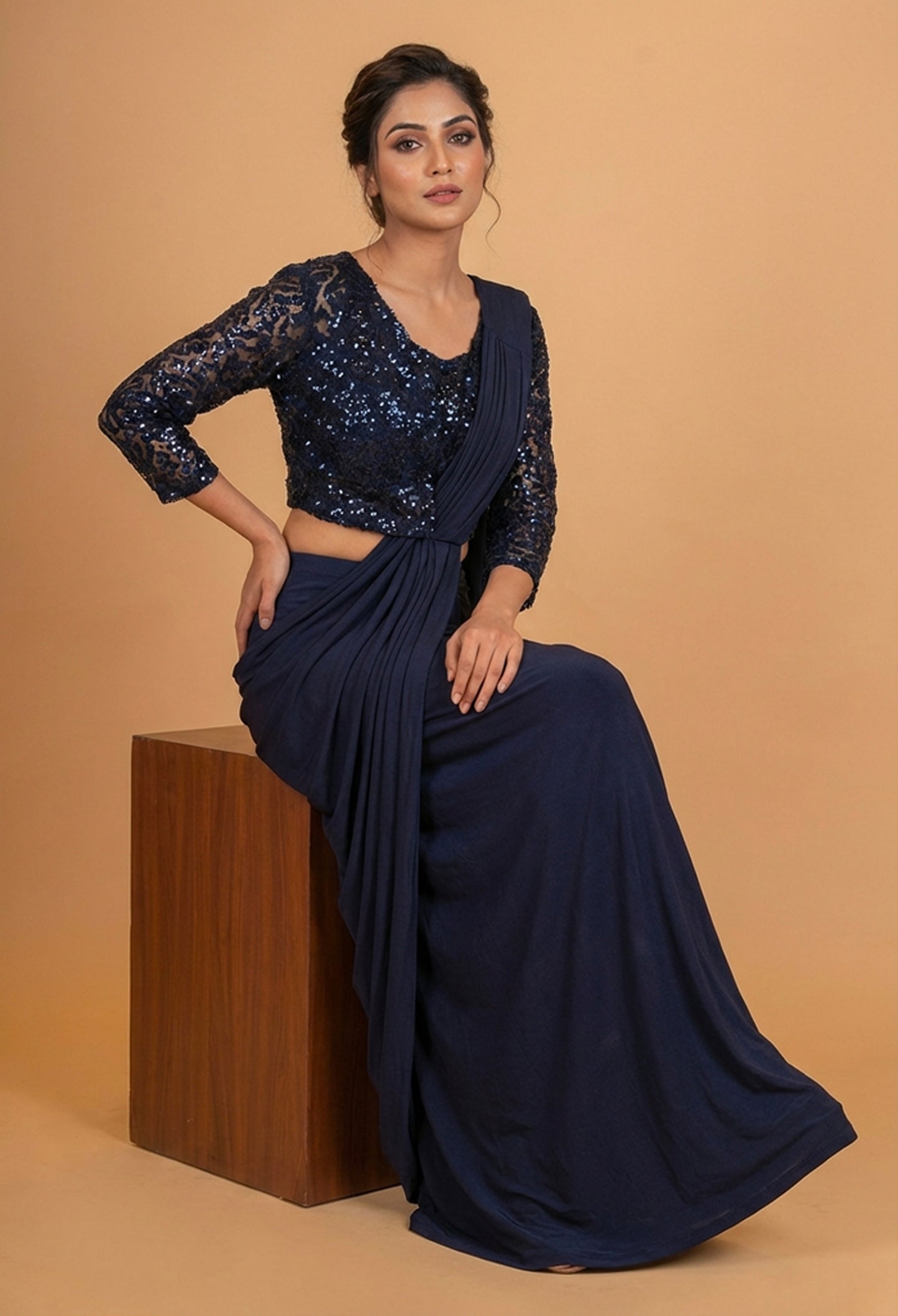 Navy Blue Sequin Blouse Saree with Draped Pleated Style