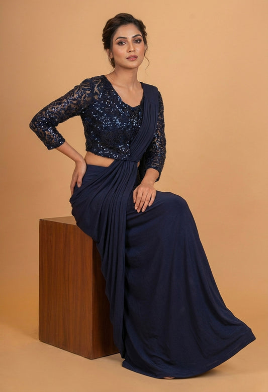 Navy Blue Sequin Blouse Saree with Draped Pleated Style